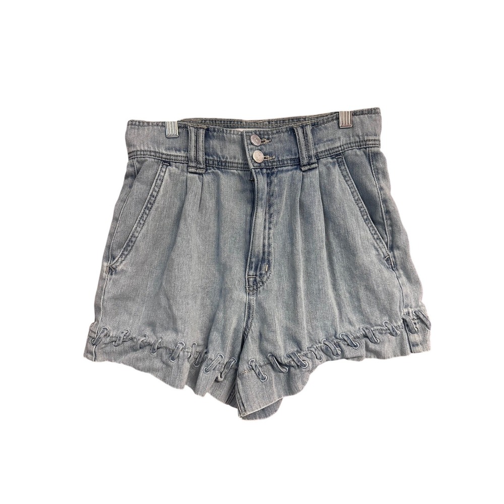 Sam Edelman Womens High Rise Pleated Braided Hem Denim Shorts Light Wash 27 Boho